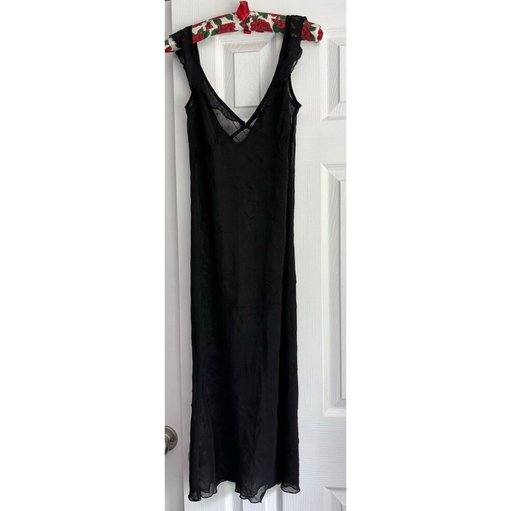 90s Y2K Crinkle Sheer Black Midi Slip Dress W/ Ruffle Fairy Whimsigoth Witchy - Picture 3 of 12